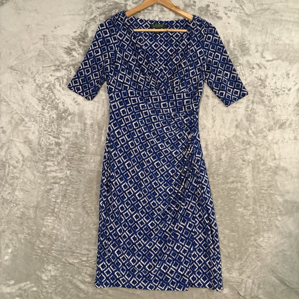 Lauren Ralph Lauren Faux Wrap Sheath Dress Women 4 Blue White Geometric Midi